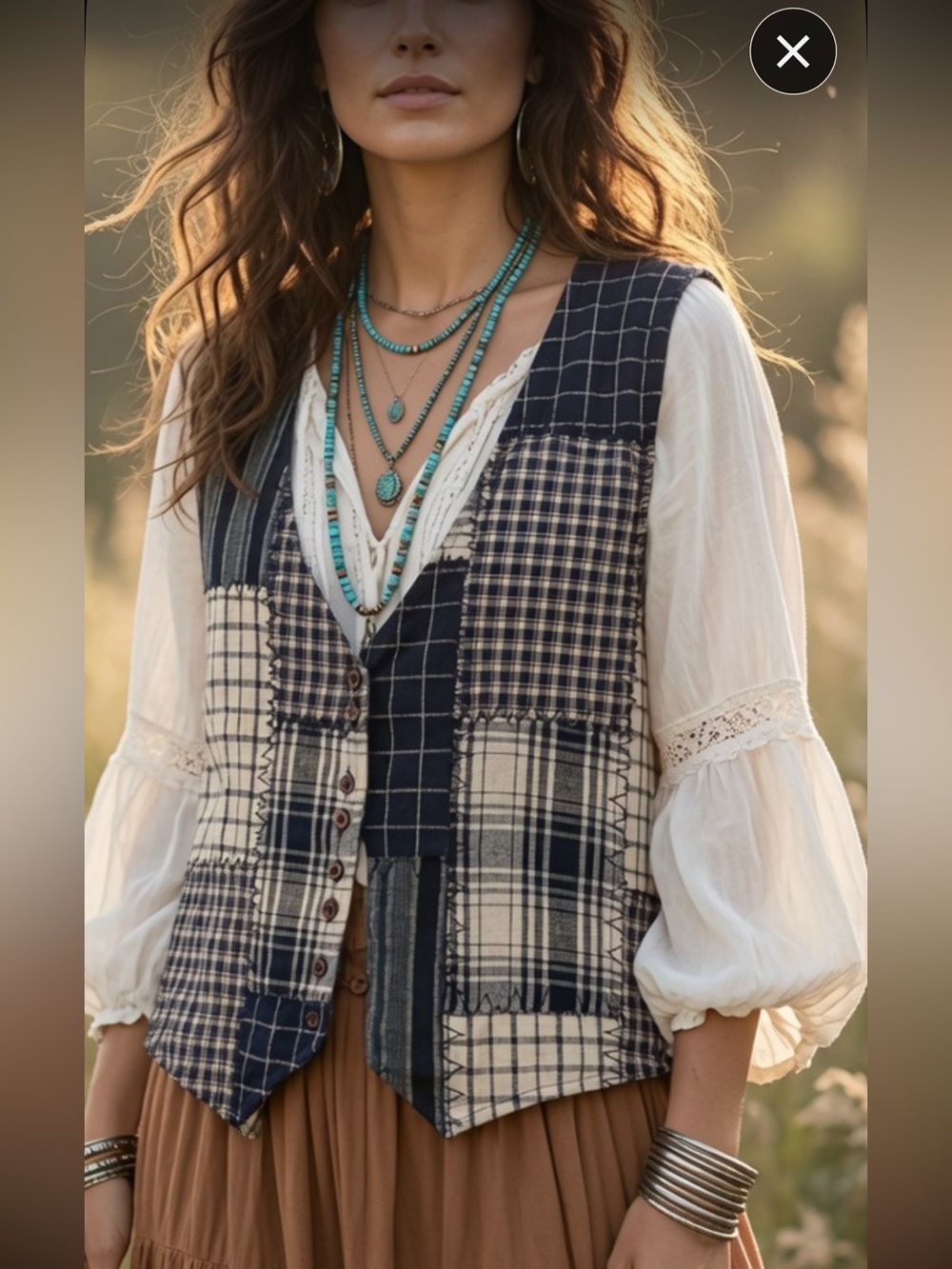 Denim Republic Navy & Cream Patchwork Plaid Button Front Vest Size Large